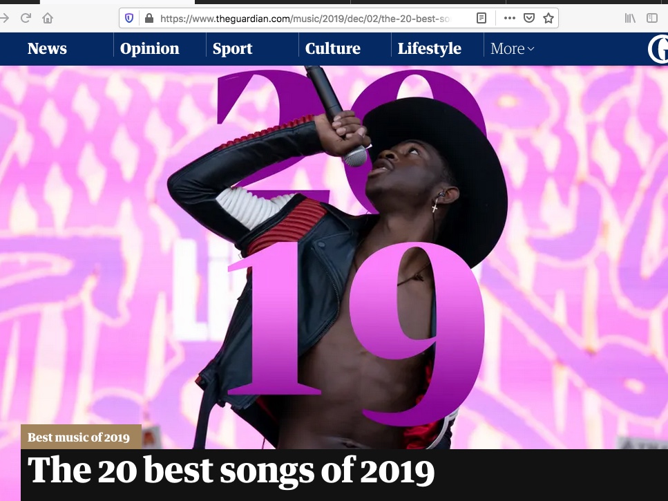 Image from The Guardian newspaper website article about "The 20 best songs or 2019"